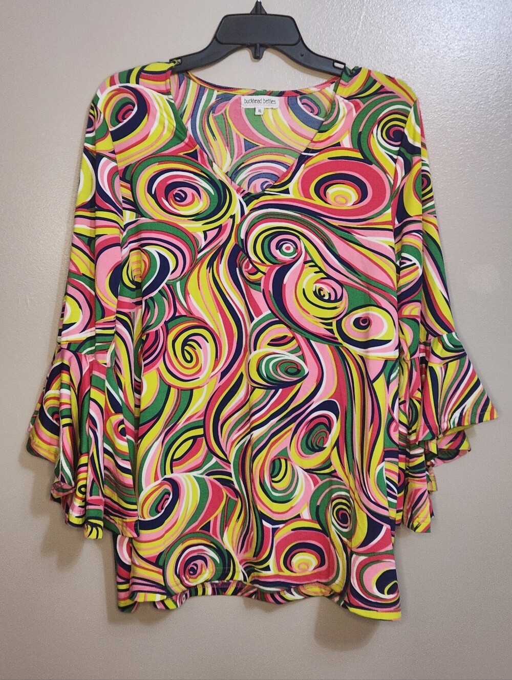 Buckhead Betties Colorful Multi Swirl Print Bell Sleeve Top Size XL